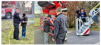 3 Bilder der Feuerwehr. Schüler im Korb, Schüler im Schlauch